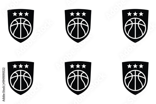 Basketball shield badge icons, sports team logo vector set, including basketball-themed emblem designs