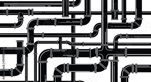 Industrial Pipe Network Vector Background Featuring Complex Plumbing System Water Gas Infrastructure Silhouette For Engineering Construction Technical Illustration And Industry Design