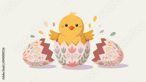 Happy yellow chick hatching from floral easter egg with confetti on white background symbolizing new life and springtime joy