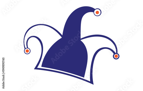 Blue jester hat logo icon, Medieval joker cap, Carnival clown symbol, Playful comedy mascot design.