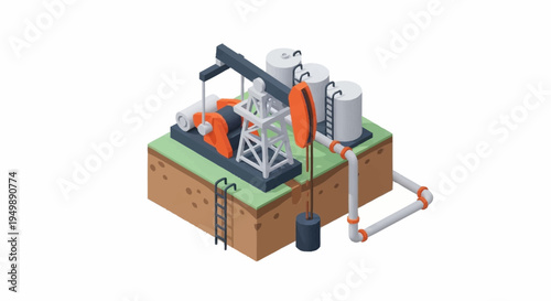 Isometric illustration of an industrial oil pump jack drilling rig on a green field.