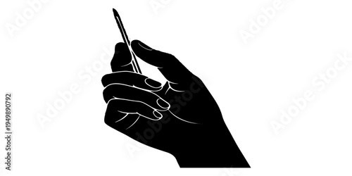 A closeup of a person's hand holding a metal syringe tool like a pen against an isolated background