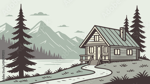 Cozy Lakeside Wooden Cabin with Pine Trees Vector