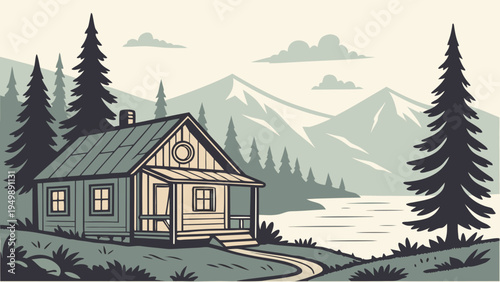 Cozy Lakeside Wooden Cabin with Pine Trees Vector