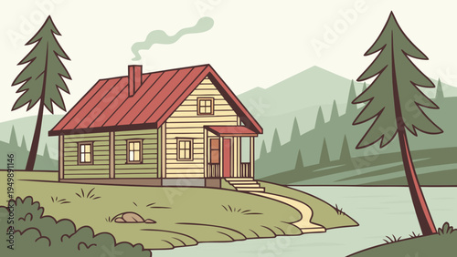 Cozy Lakeside Wooden Cabin with Pine Trees Vector