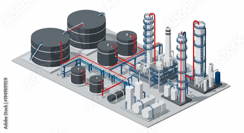 Industrial plant with storage tanks and machinery.