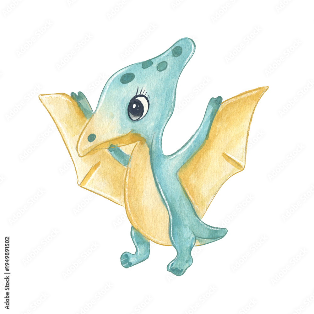 Fototapeta premium Cute dinosaur in soft watercolor style, with spots and a gentle smile