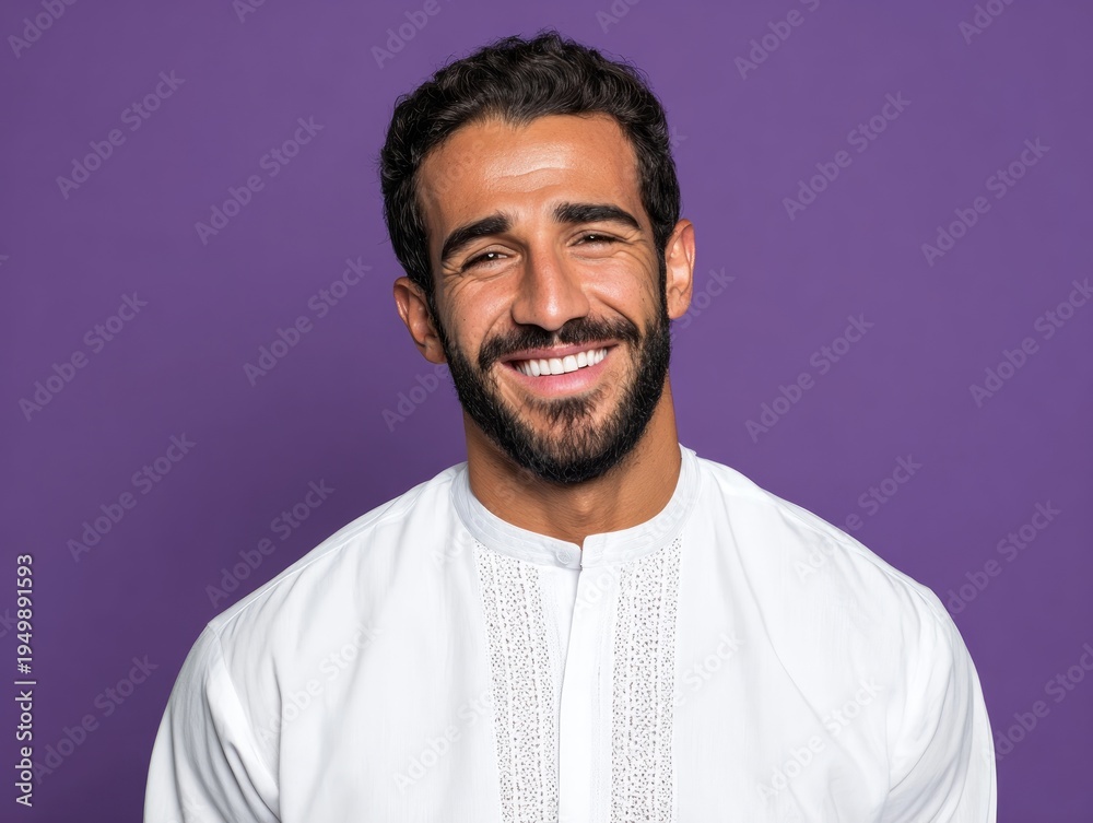 Fototapeta premium Smiling Middle Eastern man wearing traditional white attire poses against a vibrant purple background, showcasing a friendly expression and well-groomed beard