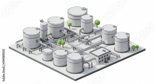Industrial facility with storage tanks and pipes.