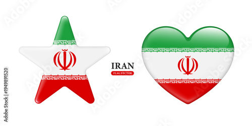 Iran national flag with a glossy glass-like effect in star and heart isolated on a white background, suitable for sports graphics or infographic media design, vector 3d for design