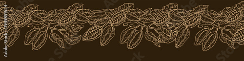 Chocolate cocoa branch border with cacao fruit, seeds and leaves. Hand sketched tropical plant ornament in retro botanical style. Organic cocoa plantation illustration for chocolate packaging