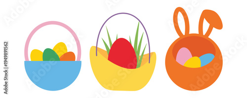 Easter baskets and eggs in various colors and shapes