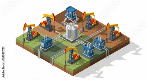 Isometric oil drilling and production facility.