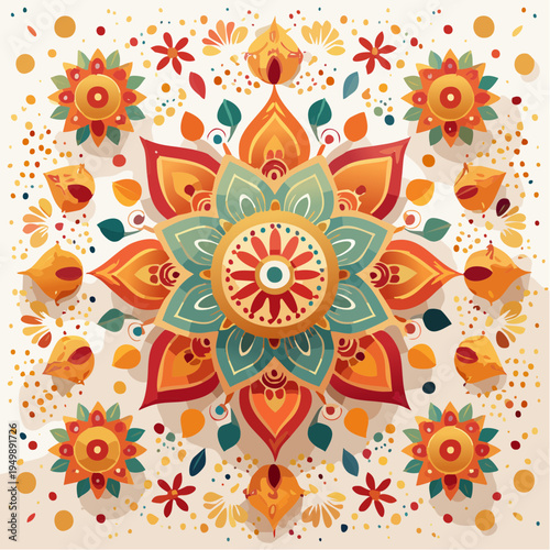 Intricate Floral Mandala Design in Vibrant Colors for Festive Cultural Celebrations and Artistic Decoration