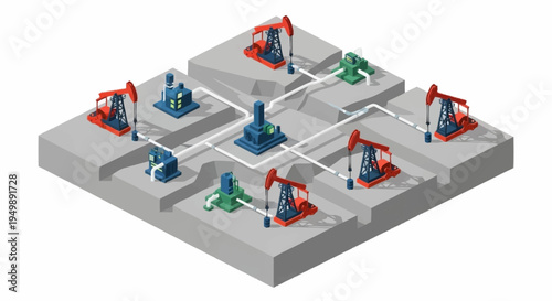 Isometric illustration of industrial oil pumps.