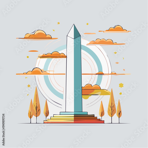 Washington Monument illustration with autumn trees and clouds, iconic landmark