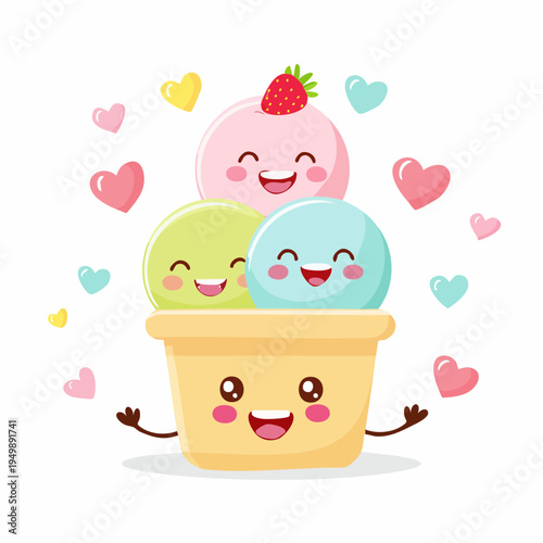 Adorable kawaii ice cream sundae with hearts, cute dessert illustration