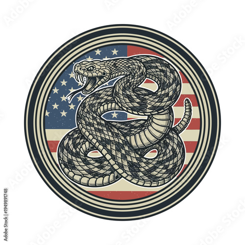 American gadsden flag with coiled snake and all seeing eye