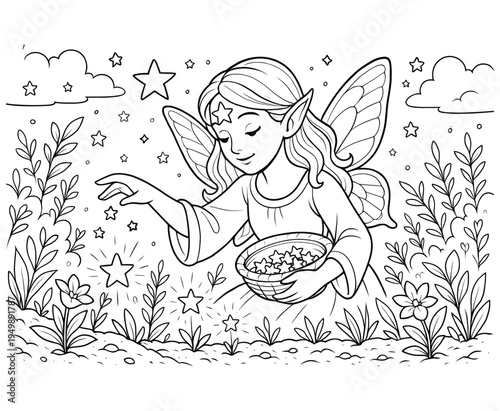 Fairy character spreading magical sparkling fairy dust over growing flowers in garden