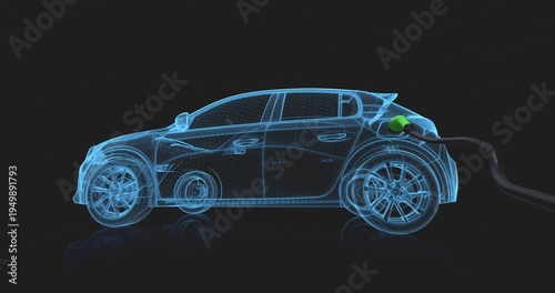 3D animation of electric car transition from wireframe to charging. EV Car Internal Parts Related CG Animation.
