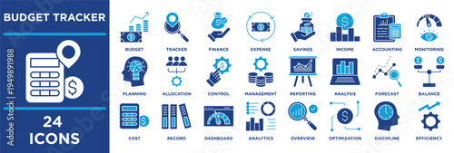 Budget Tracker icon set illustrating accounting, monitoring, tracking, planning, allocation, control, management. dual tone vector