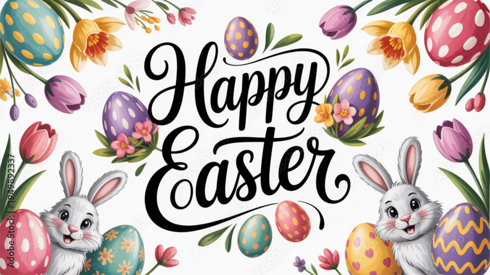 Fototapeta premium Happy easter greeting card with colorful eggs bunnies and flowers on white background