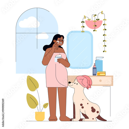 Woman Applying Face Cream with Dog in Bathroom