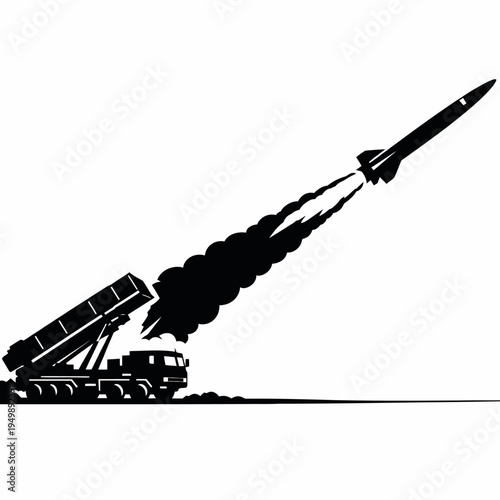 Powerful rocket launcher vehicle launching missile into the air