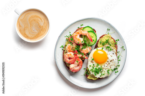 Avocado Shrimp and Fried Egg Breakfast Sandwiches and Coffee