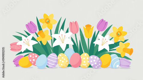 Colorful easter eggs and spring flowers arrangement with tulips daffodils and lilies on a light background