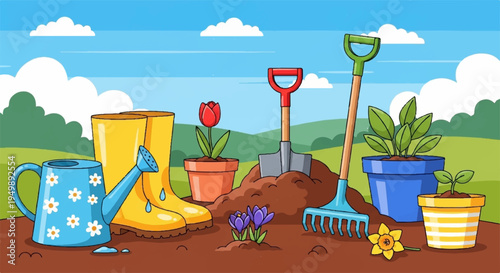 Gardening tools and supplies on brown soil with green plants and flowers under blue sky