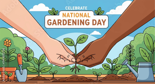 Diverse hands planting green seedling together in garden on national gardening day for eco friendly community