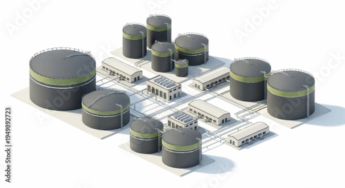 Industrial facility with storage tanks and buildings.