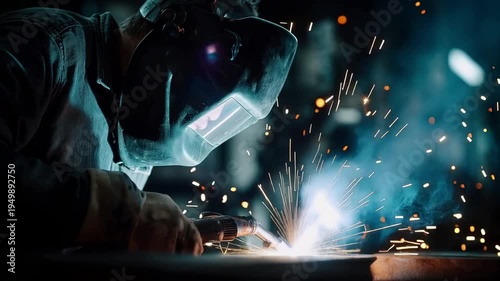 A welder in a dimly lit industrial factory skillfully works on a steel pipe creating bright arc sparks while wearing a protective face shield highlighting the intensity of metal fabrication.