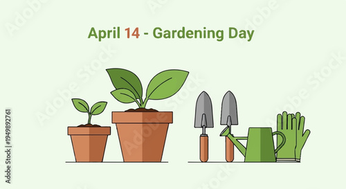 Gardening tools and plants on light green background for april gardening day celebration