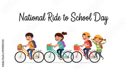Illustration of kids riding bicycles to school on National Ride to School Day with colorful backpacks and a lively atmosphere.