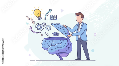Businessman analyzing brain with digital smart learning concept for innovation and knowledge development in modern workplace
