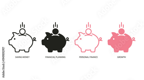 Piggy bank icons in black and pink, symbolizing saving money, financial planning, personal finance, and financial growth for future prosperity.