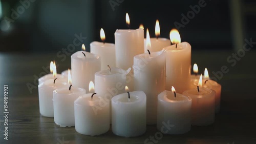 Flickering cluster of lit candles illuminating a dark room ambiance