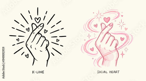 Finger heart gesture in black and pink styles, symbolizing Korean love, social media affection, playful romance, and cultural expression.
