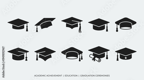 Silhouette graduation caps with tassels, scrolls, and academic hoods, symbolizing education, achievement, success, ceremony, and scholarly tradition.