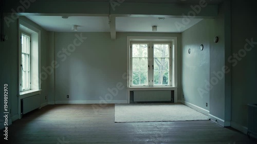 National Hangover Day. Sunlight transitioning in empty room with large windows and wooden floor