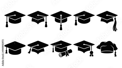 Silhouette graduation caps with tassels, scrolls, and academic hoods, symbolizing education, achievement, success, ceremony, and scholarly tradition.