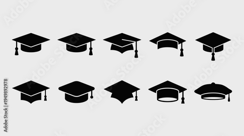 Silhouette graduation caps with tassels, scrolls, and academic hoods, symbolizing education, achievement, success, ceremony, and scholarly tradition.