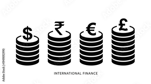 Stacks of coins topped with dollar, rupee, euro, pound symbols, representing global currency comparison, financial growth, wealth, and economy.