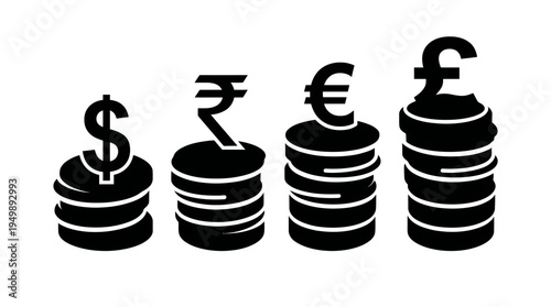 Stacks of coins topped with dollar, rupee, euro, pound symbols, representing global currency comparison, financial growth, wealth, and economy.