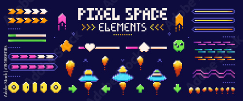 Pixel art UFO, raiders, and other game elements on blue background.