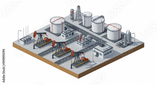 Isometric industrial oil refinery complex.
