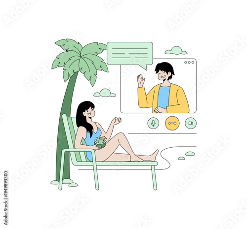 Online Chatting by the Beach Vector Illustration