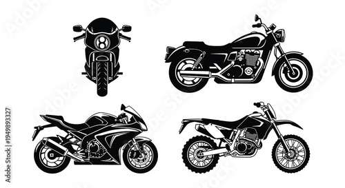 Four distinct motorcycle silhouettes in a black and white graphic